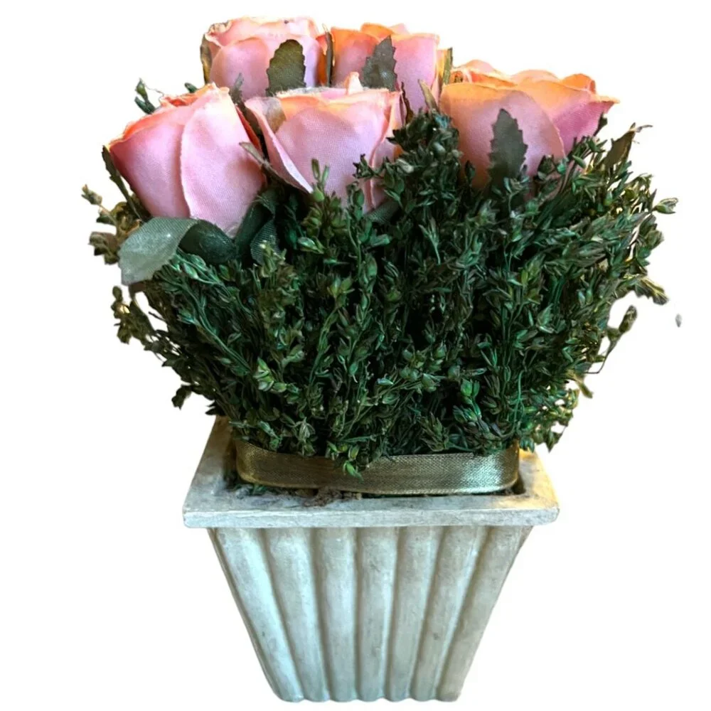 Silk Pink Tea Rose Plant Resin Planter Gold Wire Ribbon 7
